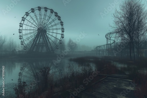 Spooky amusement park with a haunted Ferris wheel and eerie attractions, AI-generated.