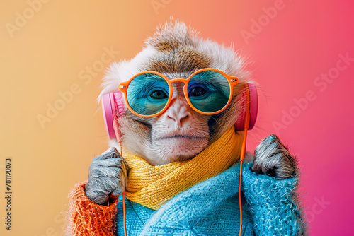 Stylish monkey with sunglasses and headphones on colorful background. Generative AI image photo