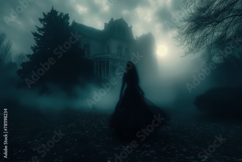 Silhouette of a woman in an elegant gown standing outdoors at night, AI-generated.