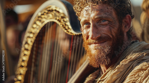 Smiling King David playing a harp, warm lighting, historical costume.