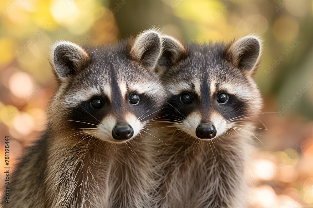 two raccoons sitting next to each other in the forest