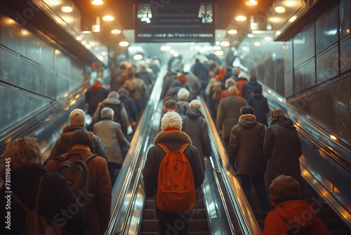 Group of people riding an escalator in a bustling subway station, AI-generated.