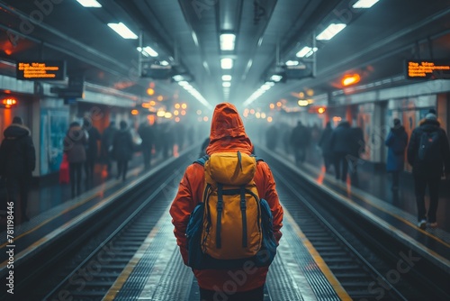 Person with yellow and blue backpack patiently waits for train, AI-generated.