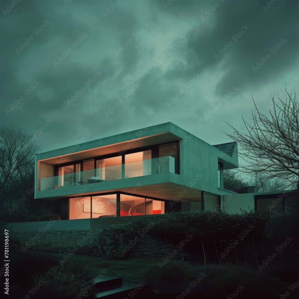 AI generated illustration of a hillside house beneath a stormy sky