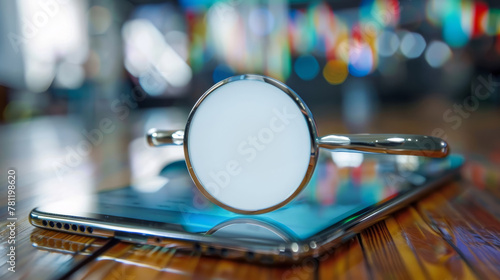 Close-Up View of a Magnifying Glass on a Smartphone Screen With Colorful Bokeh Background photo
