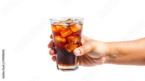 Hands holding a refreshing glass of cola with ice cubes