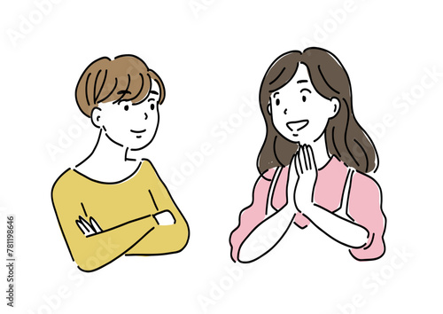 人物イラスト　２人　女性　話す　喜ぶ　腕組み　ベクター　シンプル　落書き　会話