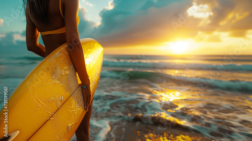 Woman with Surfboard at Sunset: Warm Golden Light and Serene Ocean Waves, AI-Generated © FUTURESEND