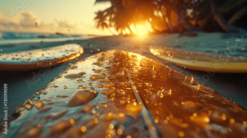 Sunrise Surf Session: Glistening Ocean with Surfboards Lined Up on the Shore, AI-Generated © FUTURESEND