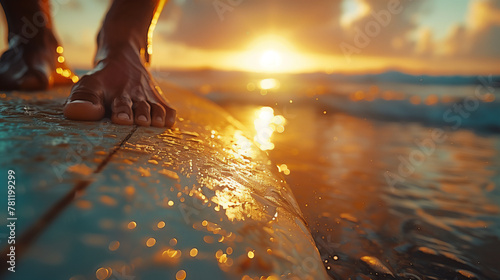 Surfing at Sunset: Bare Feet on Surfboard with Sunlight Dancing on the Waves, AI-Generated