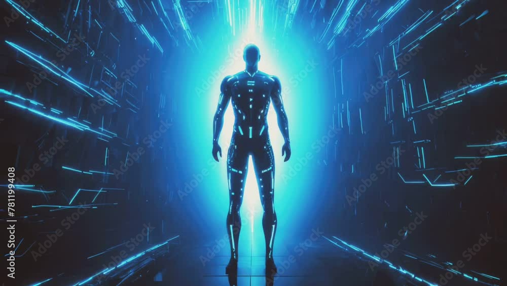 Wide angle of digital human figure standing in dark abstract cyber space with bright blue light shining on his body. 3d animation for artificial technology background
Wide angle of digital human figure standing in dark abstract cyber space with bright blue light shining on his body. 3d animation for artificial technology background