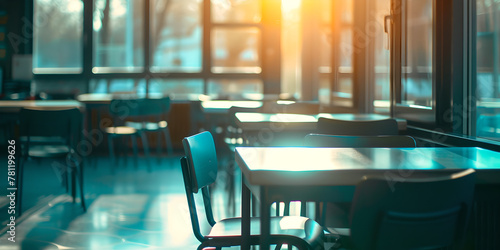 desks and tables in a coffee shop, blurred landscapes, light beige and teal, studyplace,  sunlight , Empty restaurant , no people photo