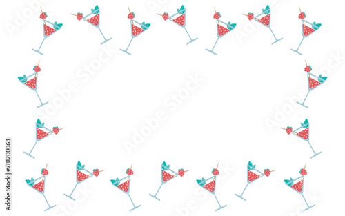 Vector frame consisting of strawberry cocktail. Strawberry daiquiri drink. Summer food illustration isolated on white background in flat style. Menu design, Place for text