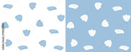 Seamless pattern with blue shells. Seabed, shellfish. Suitable for design and printing on fabric. Vector illustrations isolated on azure and white background in flat style.