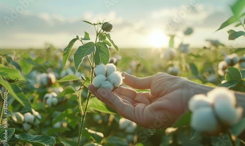 Farmer hand picking white boll of cotton. Cotton farm. Field of cotton plants.	
 photo