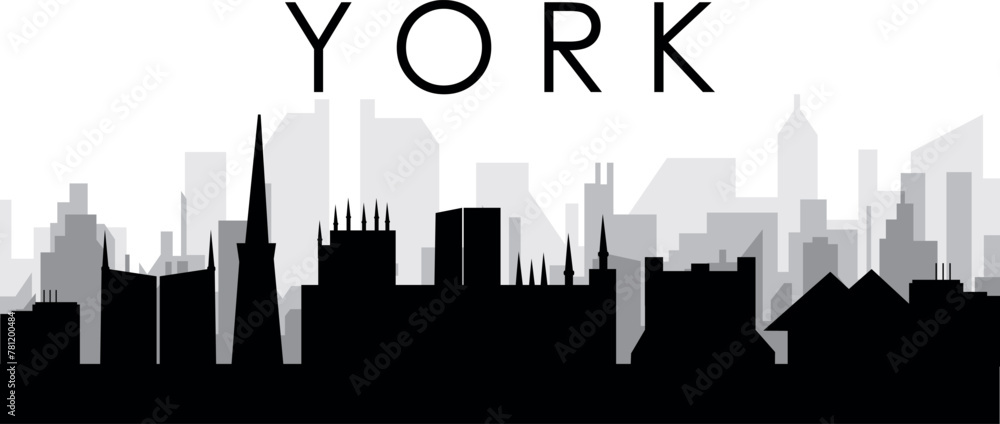 Black cityscape skyline panorama with gray misty city buildings background of YORK, UNITED KINGDOM