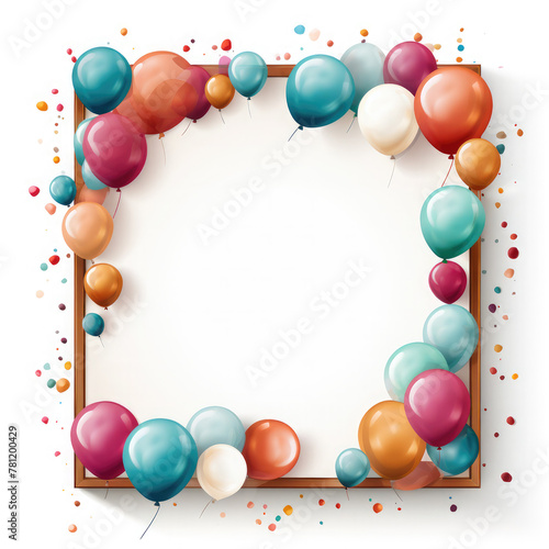 Birthday card. Balloons, confetti on white background. Empty space for text, frame