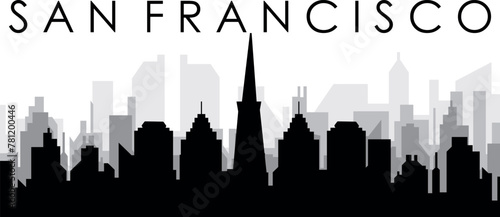 Black cityscape skyline panorama with gray misty city buildings background of SAN FRANCISCO, UNITED STATES