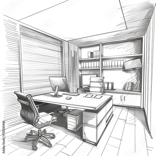 Office room with cahir computer table in hand drawn, handwritten style on white background photo