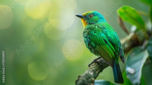 Green bird perched on forest branch photo