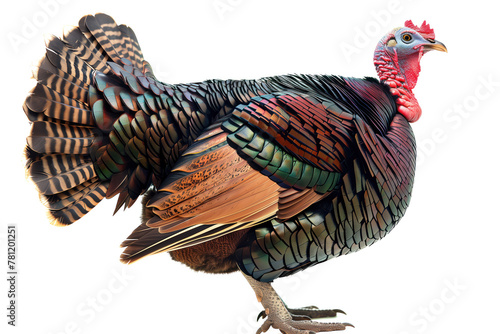 A turkey with a red head and green and brown feathers photo