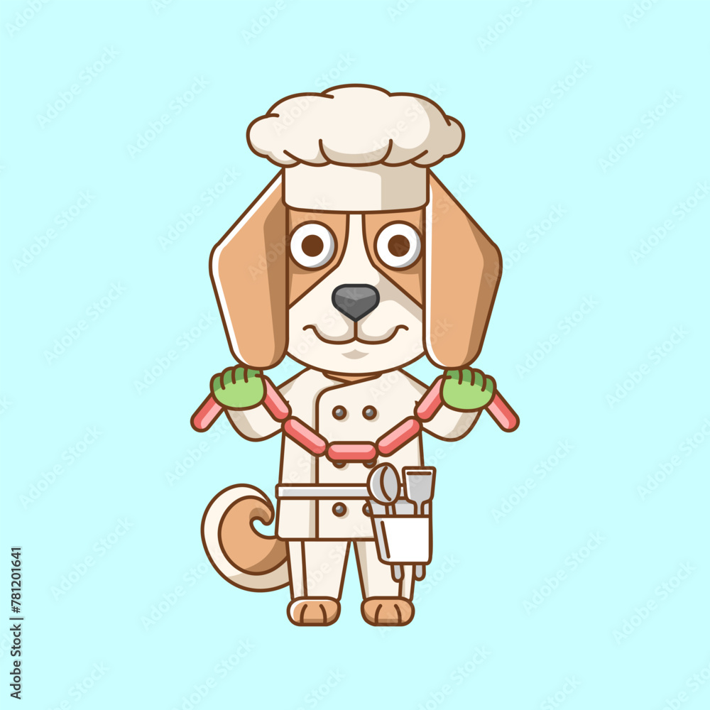 Cute dog chef cook serve food animal chibi character mascot icon flat line art style illustration concept cartoon
