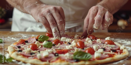A person is seen preparing a pizza on top of a wooden table, showcasing the process of making traditional Italian pizza