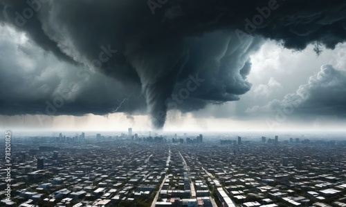 Tornado disaster - environment landscaped image. Nature power concept. Climate change. Weather illustration. Adventure travel conceptual photography style. Dramatic cloudscape. Cinematics light.