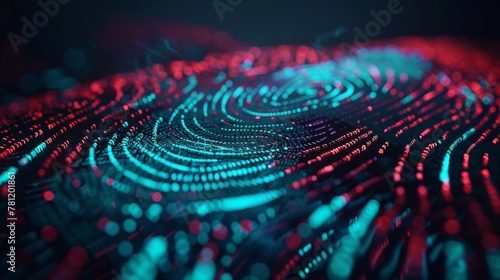 Detailed view of a fingerprint illuminated by red and blue lights, showcasing identification and cyber security concept