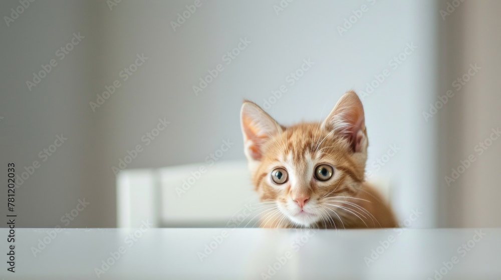 An orange and white cat sitting on top of a white table