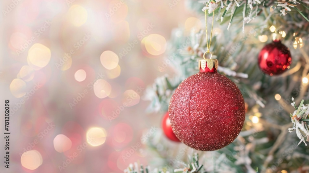 A red ornament hanging from a festive Christmas tree A red ornament hanging from a festive Christmas tree