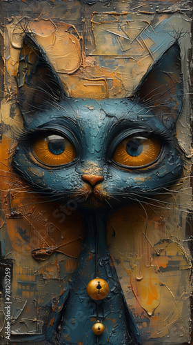 A Textured, Blue Cat Mural Brings Urban Whimsy to Life with Its Striking Golden Eyes and Details