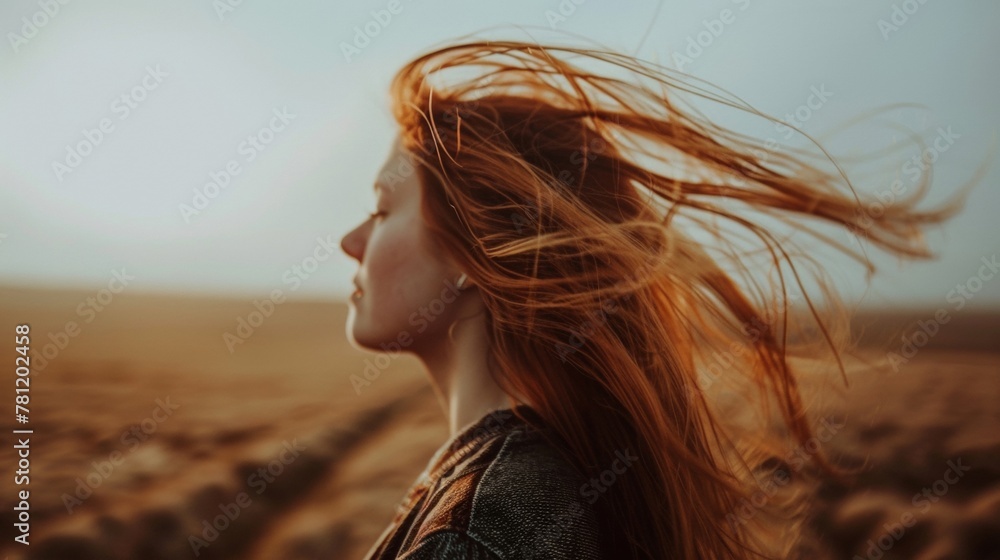 A young woman standing in a field with her hair blowing in the wind under sunlight A young woman standing in a field with her hair blowing in the wind under sunlight