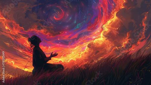 Digital Art of Spiritual Connection: Woman Praying under Vibrant Sky
