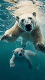 polar bear mama diving underwater with her cub on the north pole