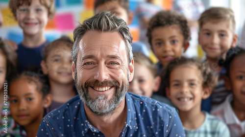 middle aged european man in a classroom with his students or preschoolers looking at the camera and smiling. teacher or educator at your favorite job. modern kindergarten