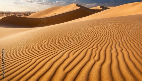 Warm sunlight bathes golden sand dunes, creating a serene pattern of light and shadow in a vast, tranquil desert landscape. AI Generation