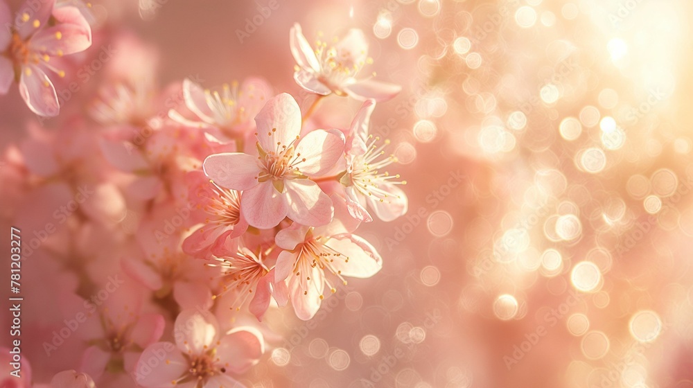 Blooming Cherry Blossoms, Soft Pink Hues, Sparkling Light Background