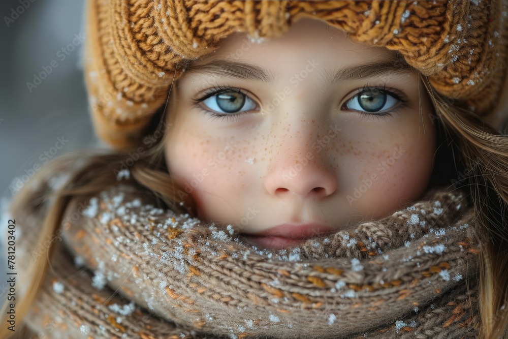 Close-up of an adorable young girl wrapped in winter clothes with a frosted scarf and a cute knitted hat Close-up of an adorable young girl wrapped in winter clothes with a frosted scarf and a cute knitted hat