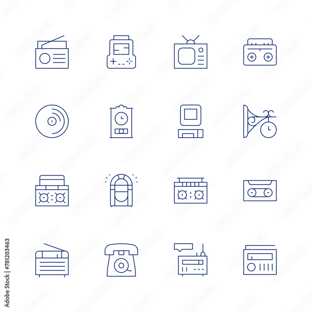 Retro line icon set on transparent background with editable stroke. Containing boombox, radio, television, vinyl, computer, console, clock, jukebox, telephone, cassetteplayer, cassette.