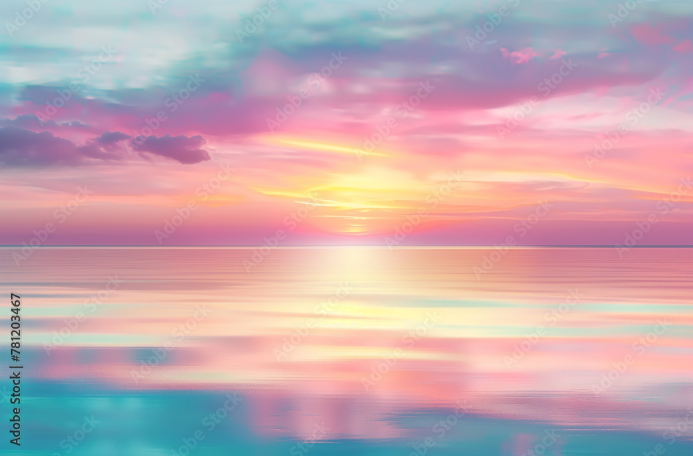 Fototapeta premium Beautiful blurred pastel fantasy sky background with sea, sky and horizon, vector illustration in pastel colors of light blue, pink, yellow and green. Unicorn sky theme, dreamy