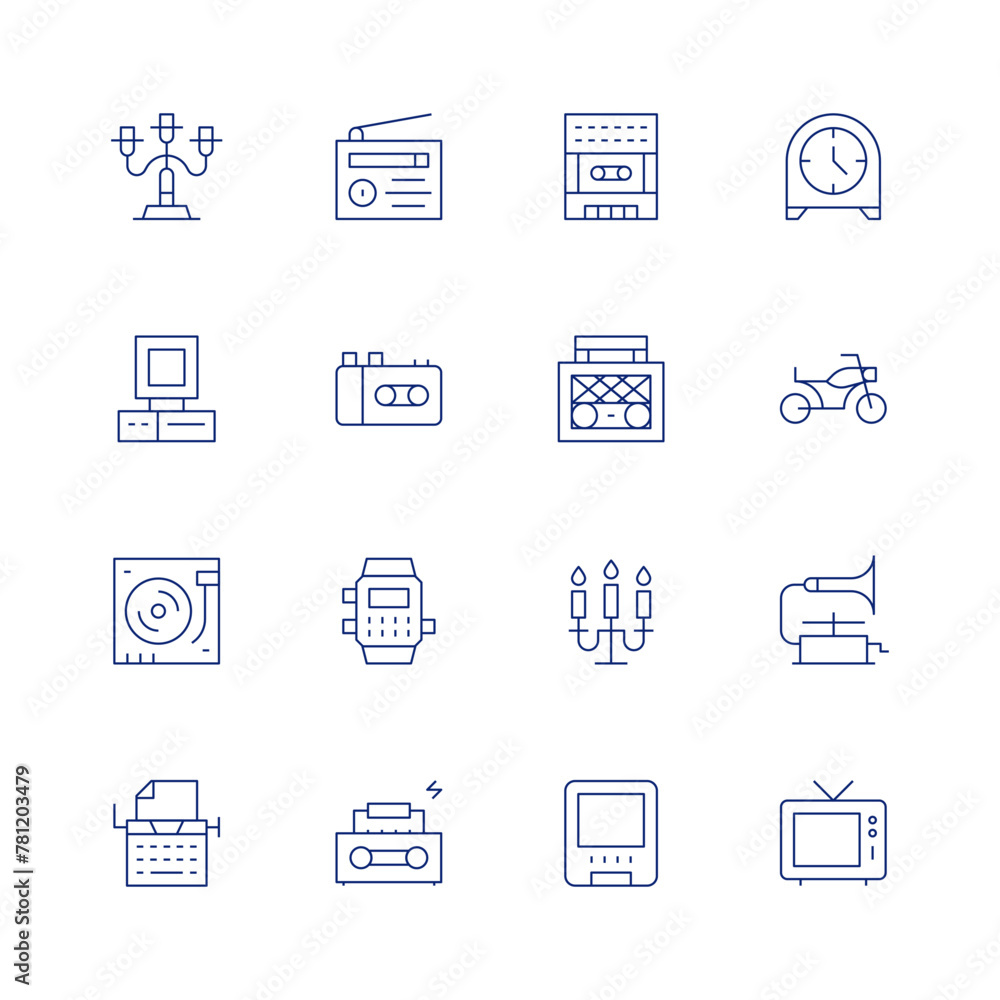 Retro line icon set on transparent background with editable stroke. Containing candelabra, candle, computer, taperecorder, typewriter, dvd, turntable, radio, watch, boombox, walkman.
