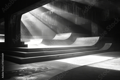 A skateboarding park where the ramps and rails are made of light, constantly moving and reshaping fo photo