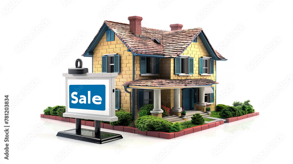 model house with sale tablet isolated on white background