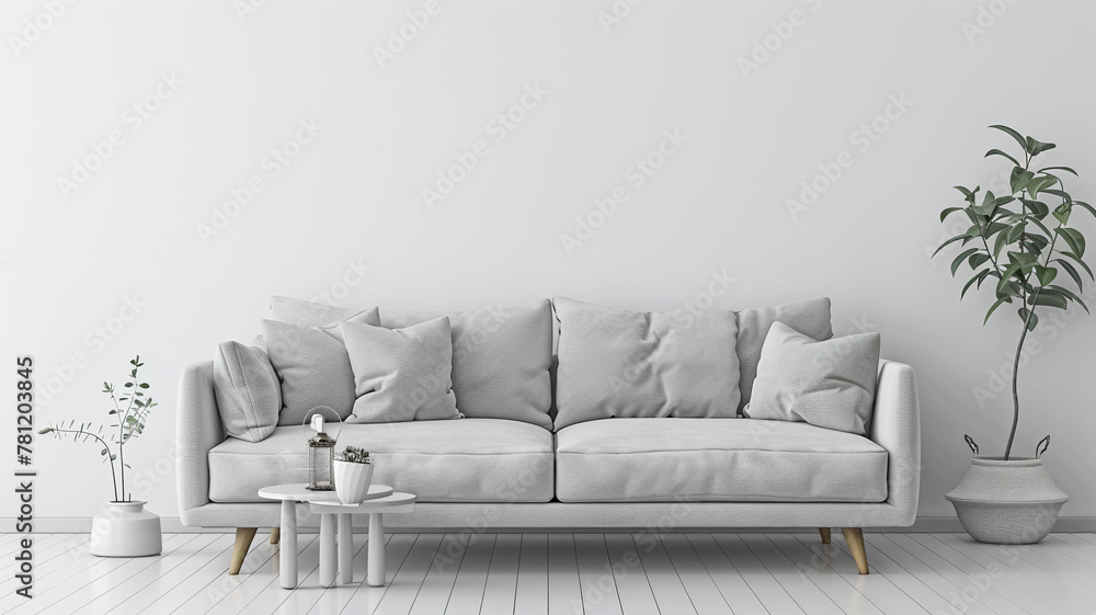 Modern interior design of a living room with a grey sofa and white wall background. Mockup for product display. Scandinavian style home decor