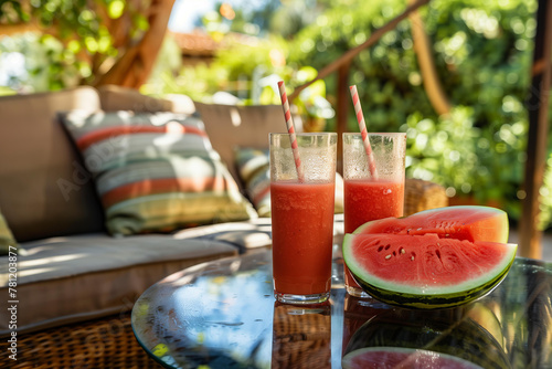 summer watermelon cocktails with straws on the table. smoothie, slash, juice. summer soft drink