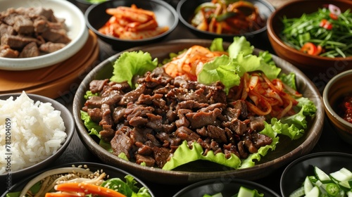 Traditional korean bulgogi dish with side plates