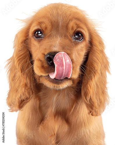 Looking so sweet. English cocker spaniel young dog, puppy posing with tongue sticking out isolated on transparent background. Concept of animals, care, pet friend, domestic purebred dog