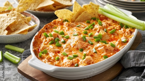 Buffalo chicken dip with tortilla chips and celery