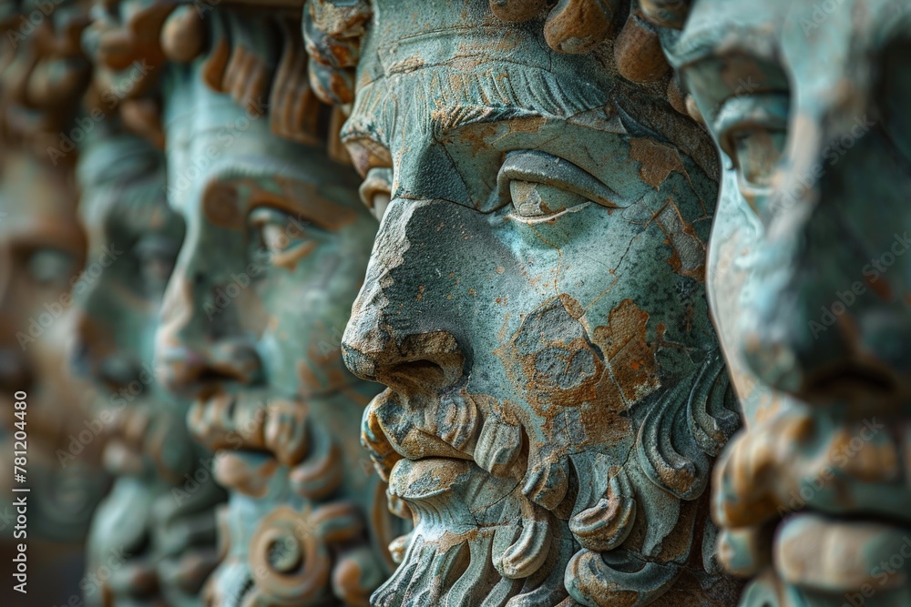 A unique curious art piece, a finely carved stone face partially blurred in the foreground A unique curious art piece, a finely carved stone face partially blurred in the foreground
